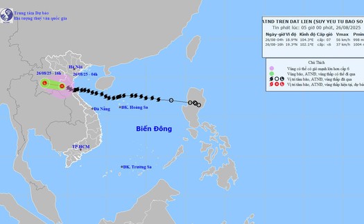 Dự báo thời tiết ngày 26/8: Bão số 5 suy yếu thành áp thấp nhiệt đới trên khu vực Trung Lào