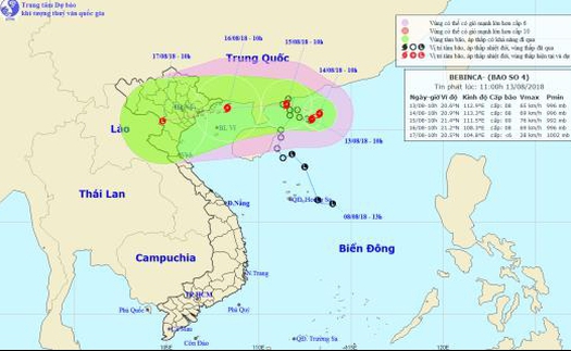 Đến 19 giờ ngày 16/8, tâm bão số 4 ở trên vùng biển các tỉnh từ Quảng Ninh đến Nam Định