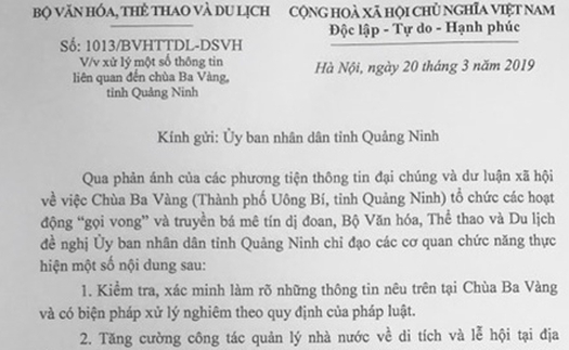 Vụ chùa Ba Vàng: Bộ VHTT&DL gửi công văn hỏa tốc tới Ban Tôn giáo Chính phủ, TƯ Giáo hội Phật giáo VN, UBND tỉnh Quảng Ninh