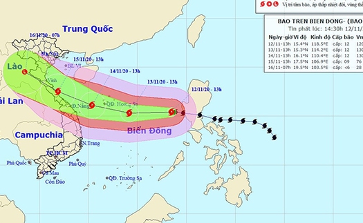 Đêm 12/11, vùng gần tâm bão số 13 có gió giật cấp 15