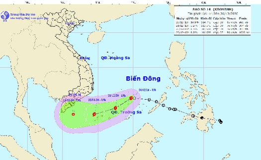 Áp thấp nhiệt đới trên Biển Đông đã mạnh lên thành cơn bão số 14 có tên quốc tế là Krovanh