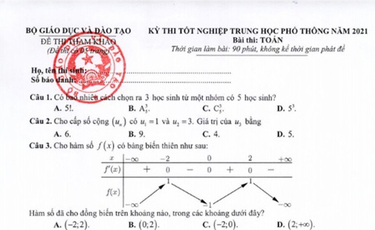 Đáp án đề thi THPT quốc gia môn Toán năm 2021