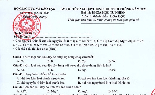 Đề thi môn Hóa học tốt nghiệp THPT quốc gia năm 2021