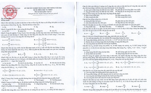Đề thi môn Vật lý tốt nghiệp THPT quốc gia năm 2022