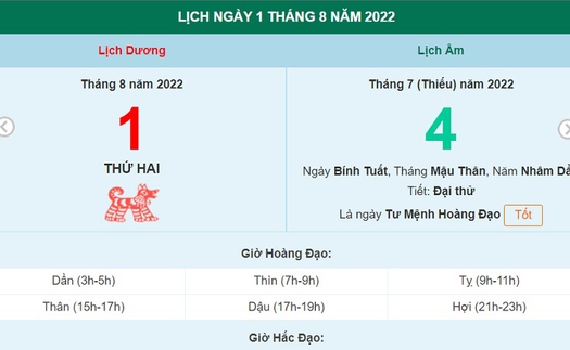 Lịch âm 1/8, âm lịch hôm nay thứ Hai ngày 1/8/2022 ngày tốt hay xấu?