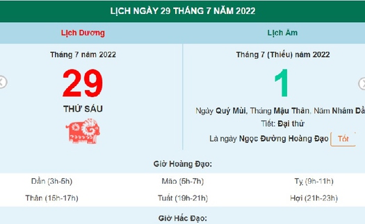 Xem ngày 29 tháng 7 năm 2022 là ngày tốt hay xấu?