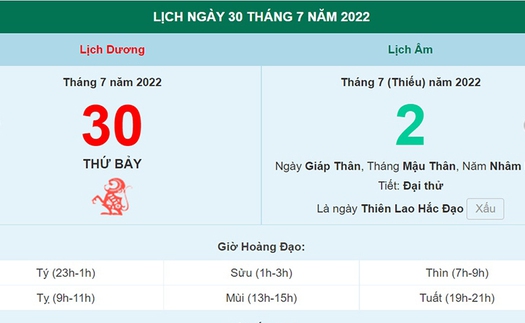 Xem ngày 30 tháng 7 năm 2022 là ngày tốt hay xấu?