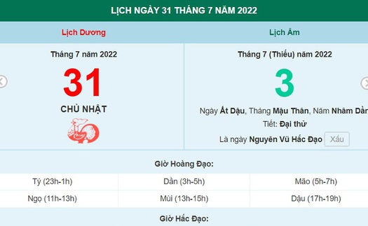 Xem lịch ngày 31 tháng 7 năm 2022 là ngày tốt hay xấu?