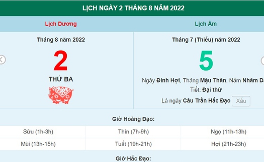 Xem lịch ngày 2 tháng 8 năm 2022 là ngày tốt hay xấu?