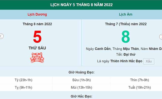 Xem lịch ngày 5 tháng 8 năm 2022 là ngày tốt hay xấu?