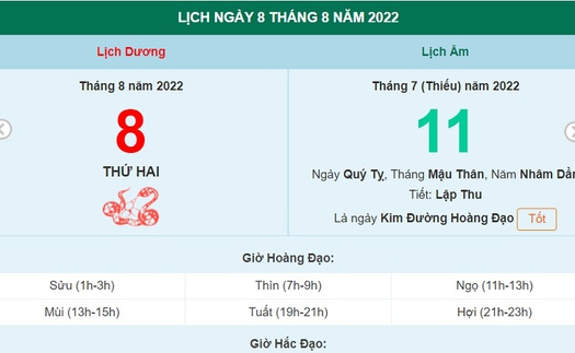 Xem lịch ngày 8 tháng 8 năm 2022 là ngày tốt hay xấu?