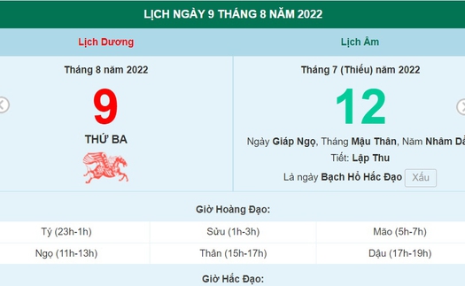 Xem lịch ngày 9 tháng 8 năm 2022 là ngày tốt hay xấu?