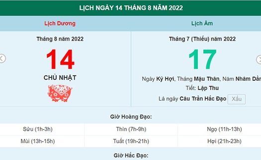 Lịch âm 14/8, xem lịch Chủ nhật ngày 14 tháng 8 năm 2022 là ngày tốt hay xấu?