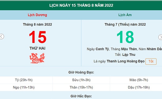 Lịch âm 15/8, xem lịch thứ Hai ngày 15 tháng 8 năm 2022 là ngày tốt hay xấu?