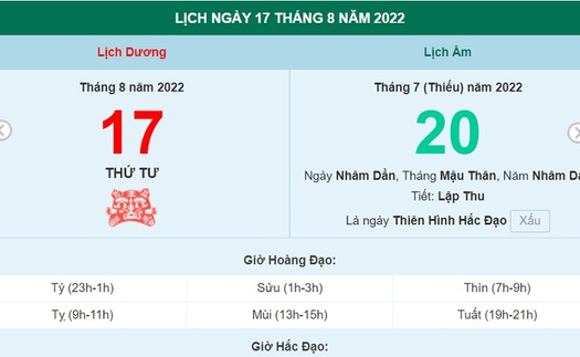 Lịch âm 17/8, xem lịch thứ Tư ngày 17 tháng 8 năm 2022 là ngày tốt hay xấu?