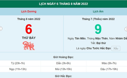 Xem lịch ngày 6 tháng 8 năm 2022 là ngày tốt hay xấu?