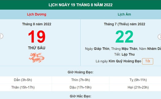 Lịch âm 19/8, xem lịch thứ Sáu ngày 19 tháng 8 năm 2022 là ngày tốt hay xấu?