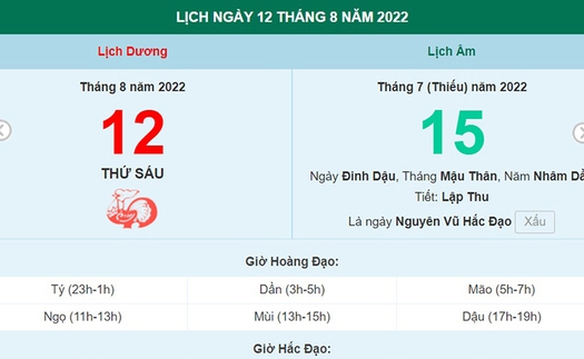 Lịch âm 12/8, xem lịch thứ Sáu ngày 12 tháng 8 năm 2022 là ngày tốt hay xấu?