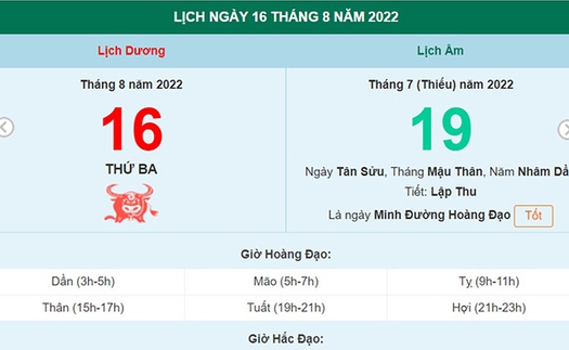 Lịch âm 16/8, xem lịch thứ Ba ngày 16 tháng 8 năm 2022 là ngày tốt hay xấu?