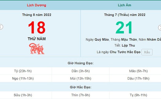 Lịch âm 18/8, xem lịch thứ Năm ngày 18 tháng 8 năm 2022 là ngày tốt hay xấu?