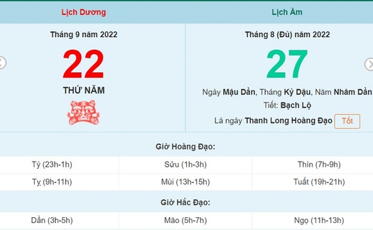 Lịch âm 22/9, xem lịch thứ Năm ngày 22 tháng 9 năm 2022 là ngày tốt hay xấu?