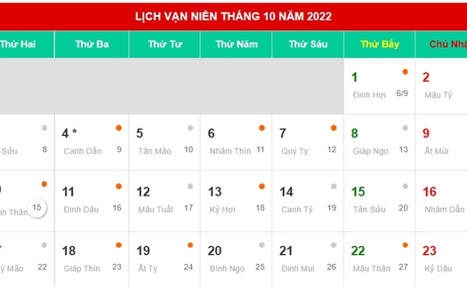 Tổng hợp ngày tốt ngày hoàng đạo tháng 10 Dương lịch năm 2022 (tháng 9 Âm lịch)