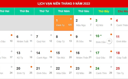 Tổng hợp ngày tốt ngày hoàng đạo tháng 9 Dương lịch năm 2022 (tháng 8 Âm lịch)