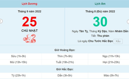 Lịch âm 25/9, xem lịch Chủ nhật ngày 25 tháng 9 năm 2022 là ngày tốt hay xấu?