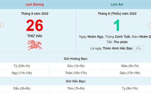 Lịch âm 26/9, xem lịch thứ Hai ngày 26 tháng 9 năm 2022 là ngày tốt hay xấu?