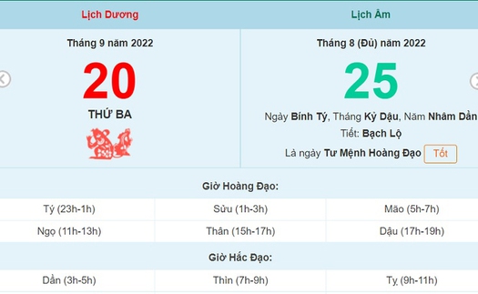 Lịch âm 20/9, xem lịch thứ Ba ngày 20 tháng 9 năm 2022 là ngày tốt hay xấu?