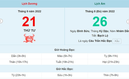 Lịch âm 21/9, xem lịch thứ Tư ngày 21 tháng 9 năm 2022 là ngày tốt hay xấu?