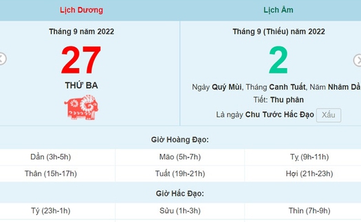 Lịch âm 27/9, xem lịch thứ Ba ngày 27 tháng 9 năm 2022 là ngày tốt hay xấu?