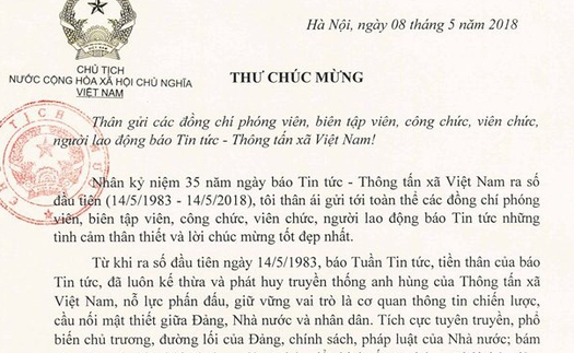 Báo Tin tức đón nhận Thư chúc mừng của Chủ tịch nước nhân dịp tròn 35 tuổi