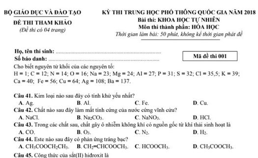 Kỳ thi THPT Quốc gia năm 2018: Đề thi và đáp án môn Hóa học