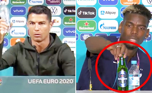 Học Ronaldo, Pogba bỏ chai Heineken khỏi bàn họp báo EURO