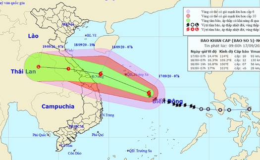 Bão số 5 đi vào đất liền các tỉnh từ Quảng Bình đến Quảng Nam