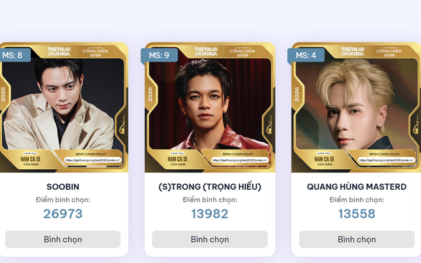 Bình chọn Cống hiến 2026: SOOBIN tạm dẫn đầu nhiều hạng mục, cuộc đua Nghệ sĩ mới bám đuổi sát sao