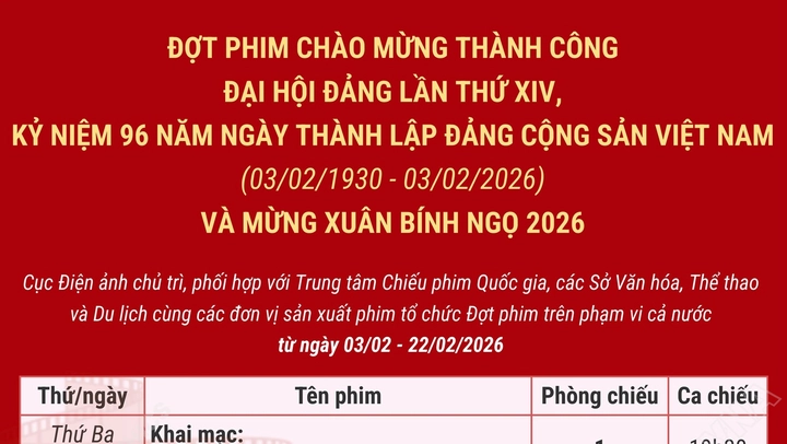 Chiếu miễn phí phim chào mừng thành công Đại hội Đảng lần thứ XIV