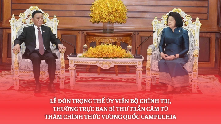 Lễ đón trọng thể Ủy viên Bộ Chính trị, Thường trực Ban Bí thư Trần Cẩm Tú thăm chính thức Vương quốc Campuchia